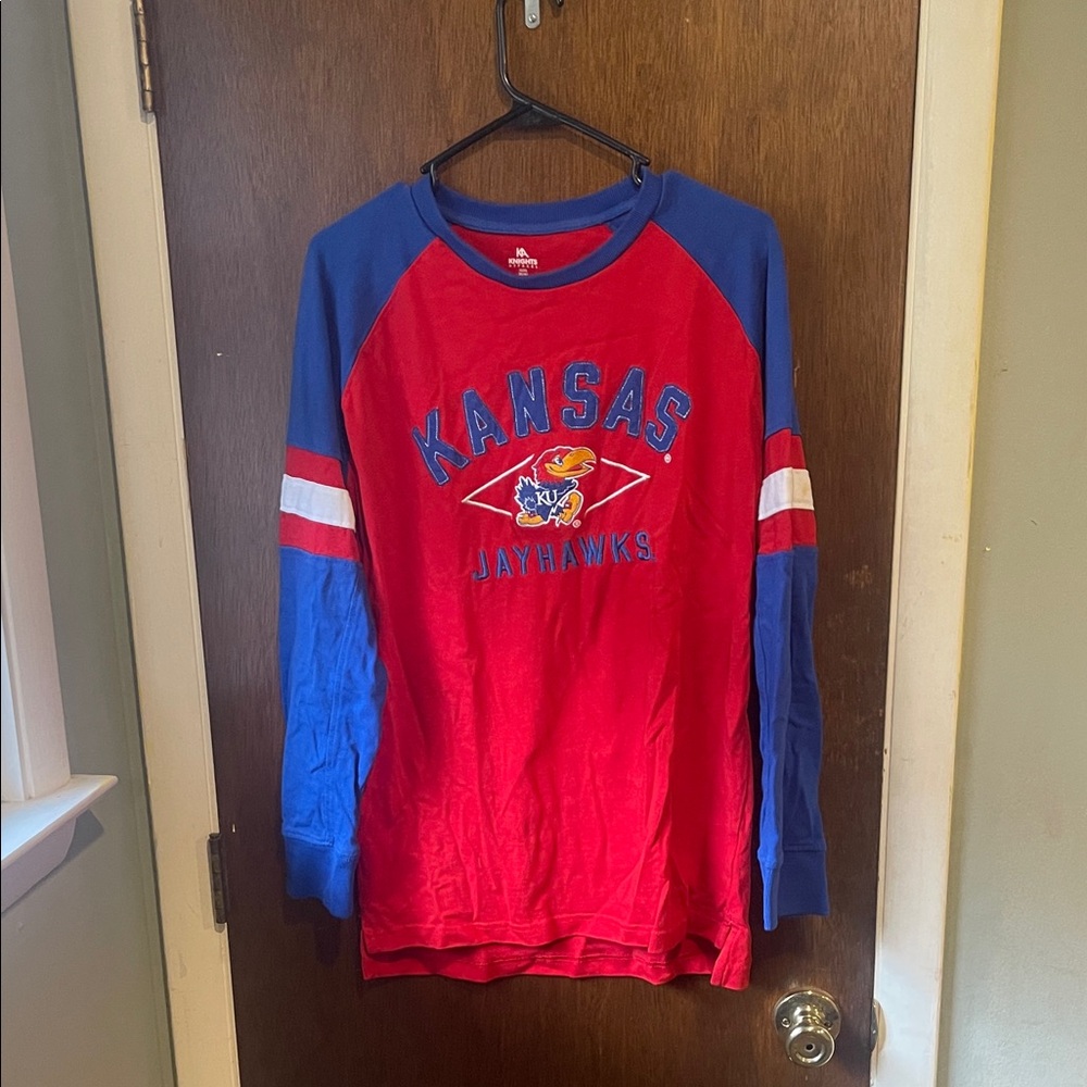 Knights Apparel Red and Blue Kansas Jayhawks Long Sleeve Shirt
